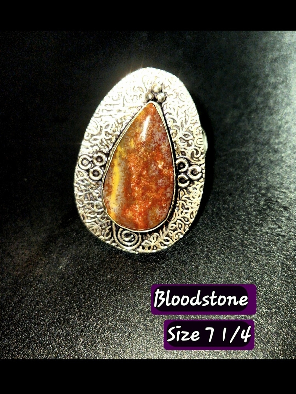Handcrafted Silver Ring with Very large, Red, Orange-Brown Bloodstone Teardrop